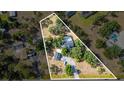 Aerial view featuring the property and neighborhood, emphasizing the pool and surrounding mature trees at 1350 Mustang St, Nokomis, FL 34275