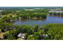 Stunning aerial view showcasing a lake surrounded by lush greenery and several homes at 6341 Discovery Ln, Land O Lakes, FL 34638