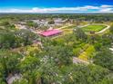 Aerial view of local school complex with sports field and a pink-roofed building surrounded by lush greenery at 6901 N 19Th St, Tampa, FL 33610