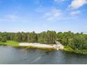 Beautiful community beach on the lake surrounded by lush green trees on a sunny day at 10502 Atlee St, New Port Richey, FL 34654