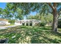 Traditional home featuring an arched entry, lush green lawn, and mature trees at 135 Rodney Ct, Palm Harbor, FL 34684