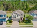 Aerial view of a two-story home with a manicured lawn and a brick-paved driveway at 19487 Roseate Dr, Lutz, FL 33558