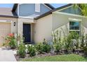 Close-up view of home's front entrance showcasing manicured garden, flower beds, and stylish exterior at 35029 Brackett Bnd, Zephyrhills, FL 33541