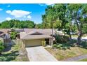 Eye-level exterior view of a cozy home with a stone facade, a palm tree, and a spacious driveway leading to the garage at 4101 Hollowtrail Dr, Tampa, FL 33624