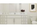 Modern bathroom featuring a white marble countertop and ample under-sink storage at 15262 Rainbow Quartz St, Wimauma, FL 33598