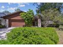 Inviting home exterior with a brown two-car garage, mature trees and manicured shrubs at 16503 W Course Dr, Tampa, FL 33624