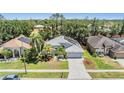 An elevated view of a well-maintained home featuring solar panels, a spacious yard, and an attached two-car garage at 18013 Palm Breeze Dr, Tampa, FL 33647