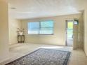 Bright, carpeted living room featuring a large window with blind and a decorative area rug at 3128 59Th S St # 206, Gulfport, FL 33707