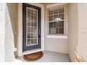 Inviting front door with sidelight window providing natural light, set in neutral stucco wall at 14537 Mirabelle Vista Cir, Tampa, FL 33626