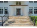 Inviting front entrance with stone steps leading up to a dark wood front door and black railings at 2114 S Venus St, Tampa, FL 33629
