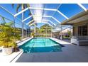 Inviting screened-in pool area with clear blue water, palm trees, and a relaxing ambiance at 4822 Hamlets Grove Dr, Sarasota, FL 34235