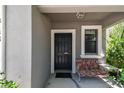 Inviting front porch with a black front door, a decorative light fixture, and a cushioned bench at 10148 Rose Petal Pl, Riverview, FL 33578
