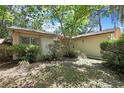 Exterior of home featuring mature landscaping, large shrubbery, and a well maintained lawn at 14615 Daybreak Dr, Lutz, FL 33559