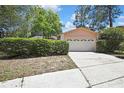 Home exterior showcasing a well-manicured lawn, mature landscaping and a two-car garage at 14615 Daybreak Dr, Lutz, FL 33559