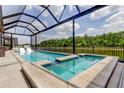 A screened-in pool and spa area with clear blue water and a view of the lake and lush greenery at 2826 Riders Pass, Odessa, FL 33556
