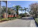 Elegant community entrance with stone signage, lush landscaping, and palm trees under a clear blue sky at 19830 Strathmore Pl, Land O Lakes, FL 34638