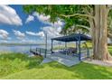Inviting dock featuring a covered seating area, picnic table, and swing, perfect for lakeside relaxation at 297 Lakeview Dr, Tarpon Springs, FL 34689