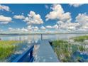 Scenic view of a private dock extending into the lake under a partly cloudy sky at 297 Lakeview Dr, Tarpon Springs, FL 34689