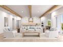 Bright, open-concept living room with wooden beams, neutral furniture, and direct access to the kitchen and backyard at 4 W Spanish Main St, Tampa, FL 33609