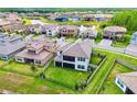 Expansive aerial view of a residential community with lush greenery and a tranquil pond at 29895 Picana Ln, Wesley Chapel, FL 33543