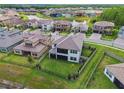 Expansive aerial view showcasing a large lot, fenced backyard, and tranquil pond views at 29895 Picana Ln, Wesley Chapel, FL 33543
