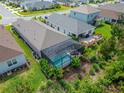 Backyard aerial view showcasing a screened-in pool, landscaped patio, and well-maintained backyard at 3603 Woodmont Dr, Parrish, FL 34219
