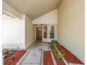 Inviting front entrance with a dark wood door, side windows, and well-maintained landscaping at 12002 Peony Ct, Tampa, FL 33635
