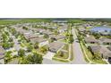 Picturesque aerial view of a residential neighborhood showcasing well-spaced homes, landscaping, and serene ponds at 18677 Milton Keynes Ct, Land O Lakes, FL 34638