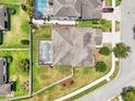 Aerial view of the property and surrounding area, showcasing a pool, landscaping and fencing at 21834 Southern Charm Dr, Land O Lakes, FL 34637