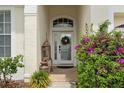 Charming entryway with decorative plants and a glass front door, enhanced by a wreath and unique décor at 4214 Canongate Ct, Spring Hill, FL 34609