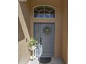 Stylish gray front door with glass accents and a seasonal wreath, providing an appealing entrance to the home at 2604 Clareside Dr, Valrico, FL 33596