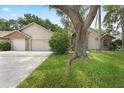 Suburban home featuring a wide driveway leading to a two-car garage and well-maintained lawn at 3001 Folklore Dr, Valrico, FL 33596