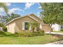 Tan home with a well-maintained lawn, complemented by a lush palm tree, and a tidy exterior at 10036 Crested Fringe Dr, Riverview, FL 33578
