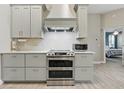 Stylish kitchen with gray cabinets, stainless steel oven, and a modern backsplash at 4101 Brooke Dr, Valrico, FL 33594