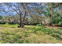 Expansive backyard with mature trees, providing ample shade and a serene outdoor space at 6514 Sunhigh Dr, New Port Richey, FL 34655