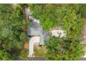 An aerial view displays the property outlined with trees, showing the driveway, backyard patio, and roofline at 1407 Jean St, Lutz, FL 33548