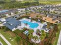 Aerial view of a community pool and playground, surrounded by lush greenery and well-maintained homes in the neighborhood at 2529 Arbor Wind Dr, Lutz, FL 33558