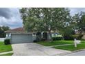 Charming single-story home featuring a well-manicured lawn, mature tree, and gray siding with an attached two-car garage at 29042 Rivergate Run, Wesley Chapel, FL 33543