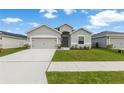 Charming single-story home with a gray exterior, a two-car garage, and a well-manicured lawn at 35519 Bellington Blvd, Zephyrhills, FL 33541