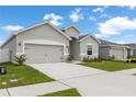 Charming single-story home with a gray exterior, a two-car garage, and a well-manicured lawn at 35519 Bellington Blvd, Zephyrhills, FL 33541