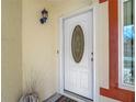 Close-up of the white front door with an oval glass insert and a decorative light fixture at 1432 Windjammer Pl, Valrico, FL 33594