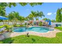 Inviting backyard oasis featuring a sparkling pool, a paver patio, manicured lawn, and tropical palm trees at 4721 W Lawn Ave, Tampa, FL 33611