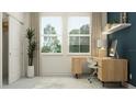 Bright and modern office space with a sleek wooden desk, neutral rug, and natural light from two large windows at 7537 E 116Th St, Palmetto, FL 34221