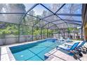 Relaxing pool area with a screened enclosure, jacuzzi, lounge chairs, and tropical landscaping at 11205 Lark Landing Ct, Riverview, FL 33569