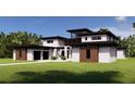 View of the contemporary home with sleek lines, a spacious front yard, and attached garages at 19207 Gunn Hwy, Odessa, FL 33556