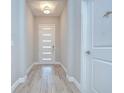 Bright entryway featuring wood-look tile flooring, a modern front door and neutral wall paint at 5732 Stockport St, Riverview, FL 33578