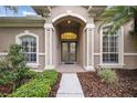 Inviting front entrance with arched doorway, double doors, and manicured landscaping at 10232 Estuary Dr, Tampa, FL 33647