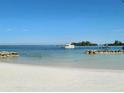 Serene beach view with clear waters and a boat, perfect for coastal living at 1415 Beach Club, Apollo Beach, FL 33572