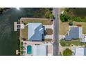 Birds eye view of the house's layout, yard, waterfront access, pool, and neighborhood location at 3174 Sanibel Dr, Hernando Beach, FL 34607