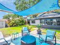 Charming backyard patio with comfortable seating and a blue shade cover for relaxation at 5021 Roanoke Dr, Holiday, FL 34690